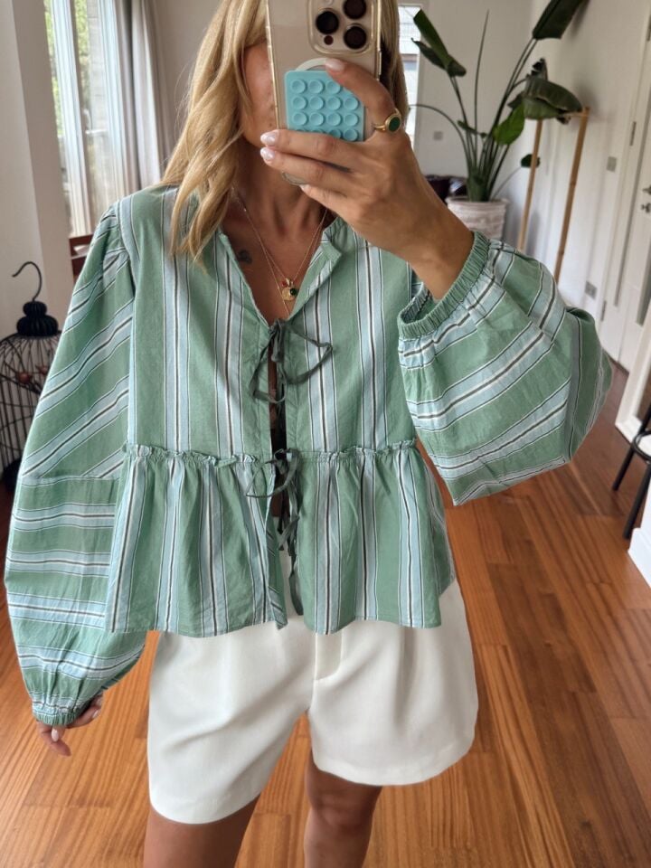 YEŞİL ÇİZGİLİ BALON KOL POPLİN İTHAL GÖMLEK