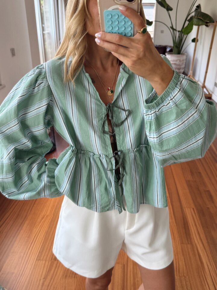 YEŞİL ÇİZGİLİ BALON KOL POPLİN İTHAL GÖMLEK