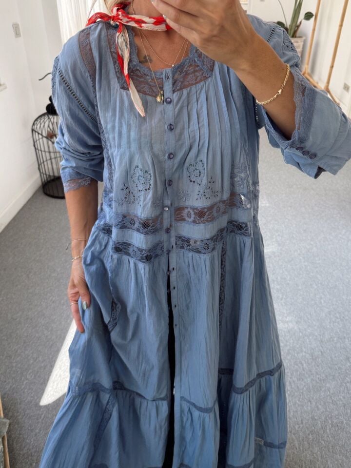 MAVİ FİSTO DANTEL İŞLEMELİ İTHAL TUNİK