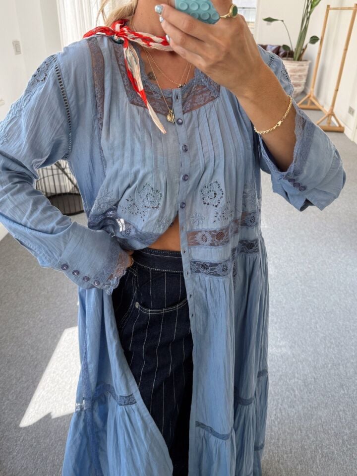 MAVİ FİSTO DANTEL İŞLEMELİ İTHAL TUNİK ELBİSE