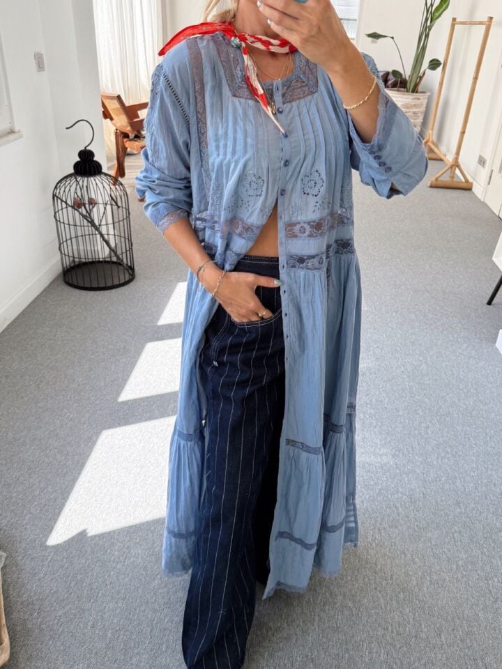 MAVİ FİSTO DANTEL İŞLEMELİ İTHAL TUNİK ELBİSE