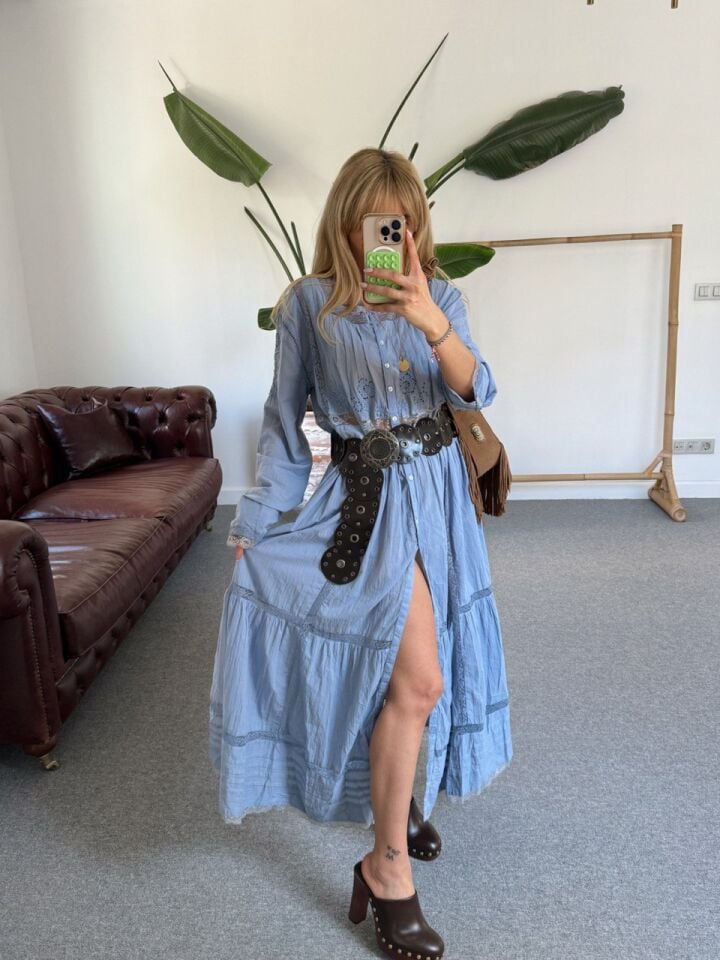 MAVİ FİSTO DANTEL İŞLEMELİ İTHAL TUNİK ELBİSE