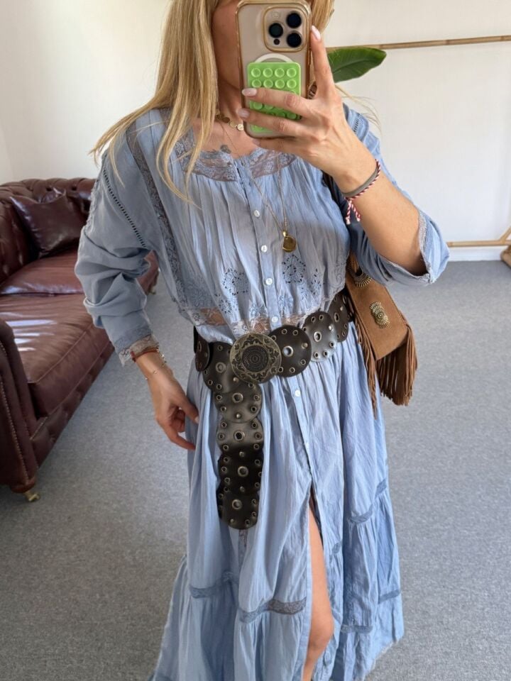 MAVİ FİSTO DANTEL İŞLEMELİ İTHAL TUNİK ELBİSE