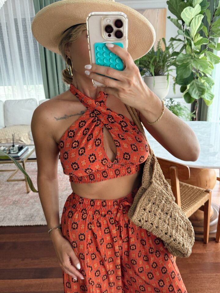 KİREMİT DESENLİ BEACHWEAR TAKIM