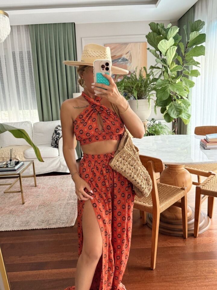 KİREMİT DESENLİ BEACHWEAR TAKIM