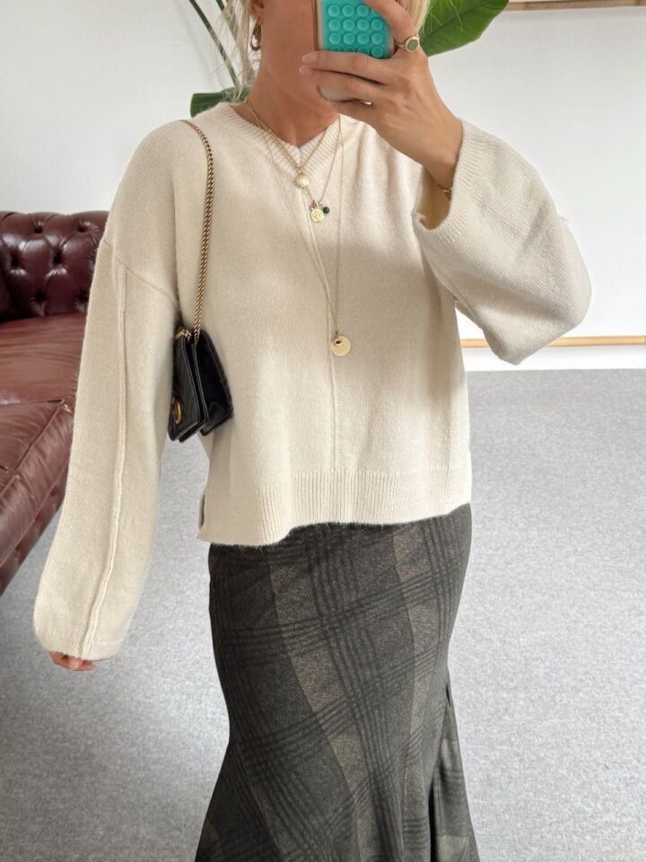 KREM DİKİŞ DETAY BİSİKLET YAKA TRİKO