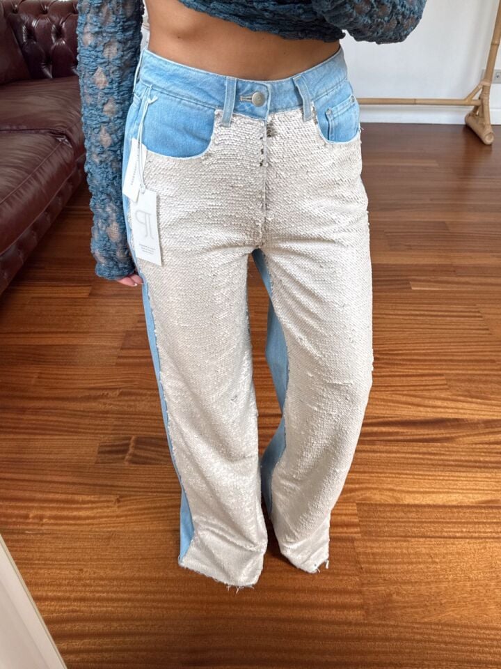 AÇIK MAVİ PAYETLİ WİDE LEG JEAN