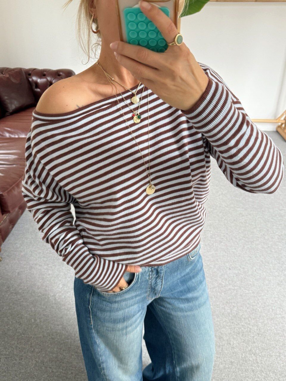 KAHVE-MAVİ ÇİZGİLİ KAYIK YAKA TRİKO