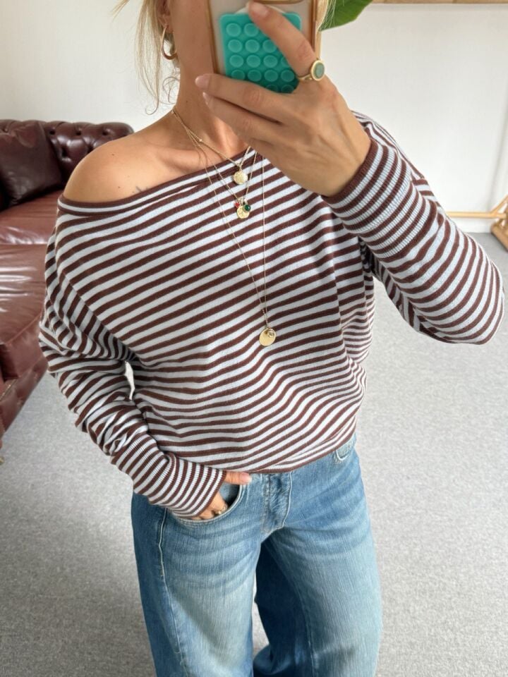 KAHVE-MAVİ ÇİZGİLİ KAYIK YAKA TRİKO