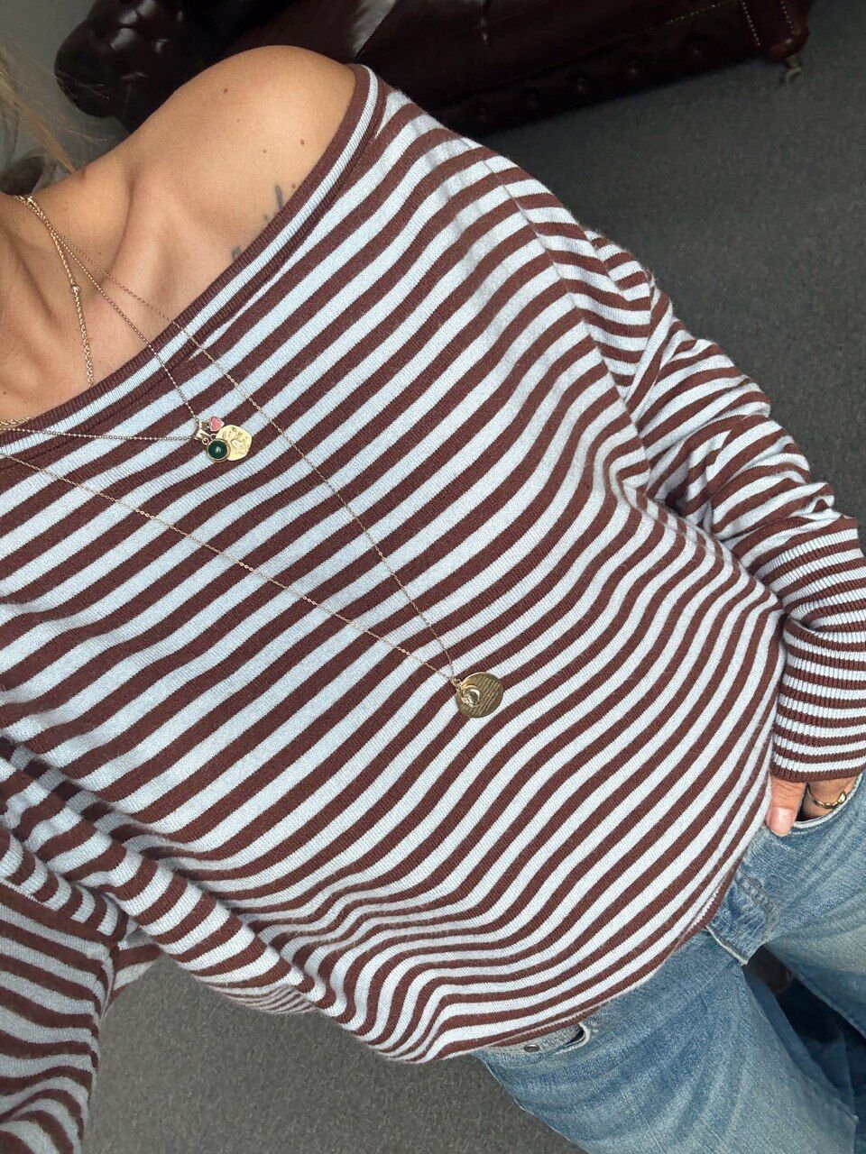 KAHVE-MAVİ ÇİZGİLİ KAYIK YAKA TRİKO