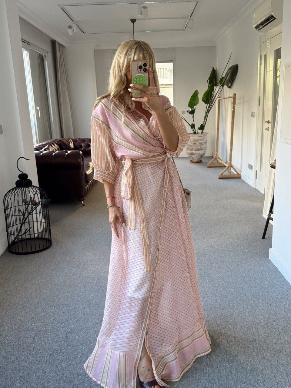 PEMBE ÇİZGİLİ İTHAL GÖMLEK ELBİSE