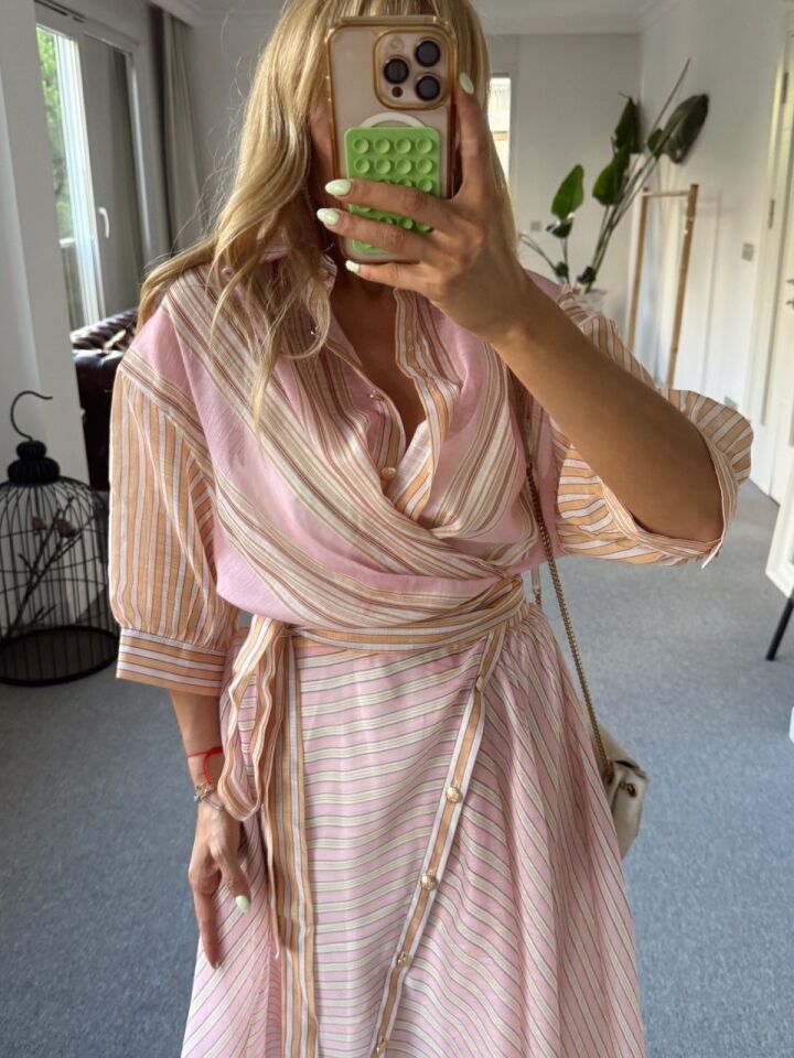PEMBE ÇİZGİLİ İTHAL GÖMLEK ELBİSE