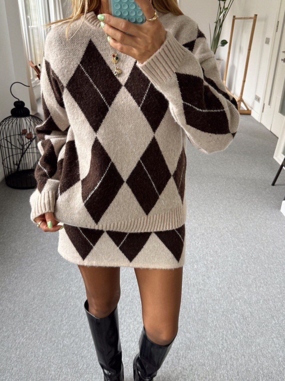 KAHVE BAKLAVA DESEN TRİKO TAKIM