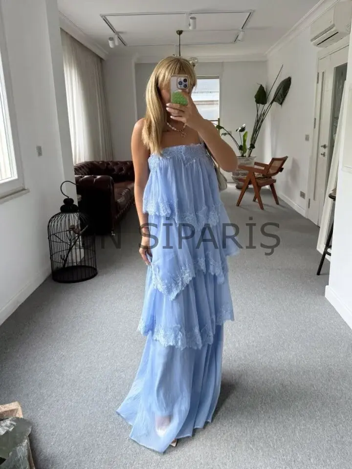 BEBE MAVİ KAT KAT DANTEL DETAY İTHAL ELBİSE (ÖN SİPARİŞ)