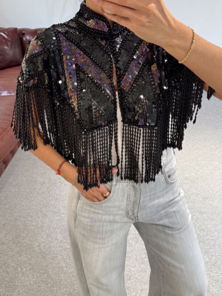 SİYAH BONCUK-TAŞ İŞLEMELİ İTHAL PELERİN