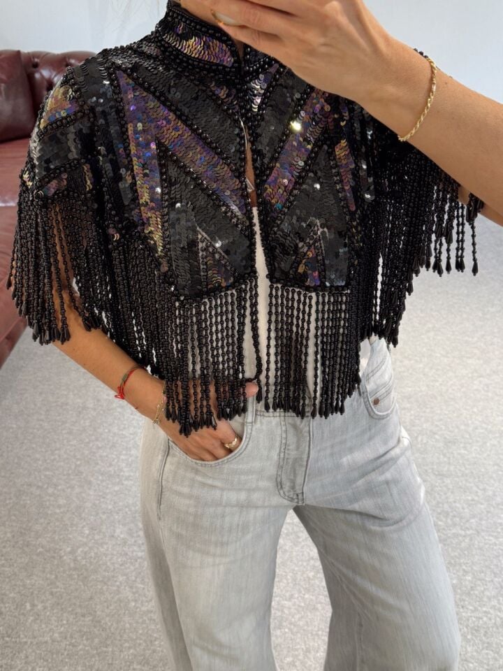 SİYAH BONCUK-TAŞ İŞLEMELİ İTHAL PELERİN