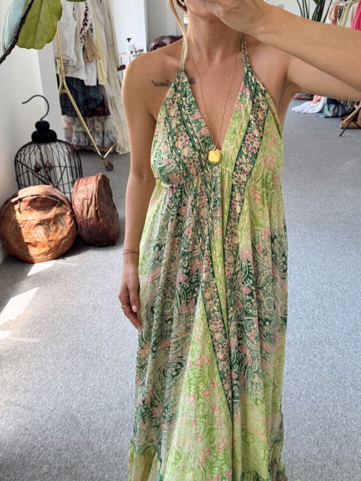 YEŞİL DESENLİ SIRT DEKOLTELİ  İTHAL ELBİSE