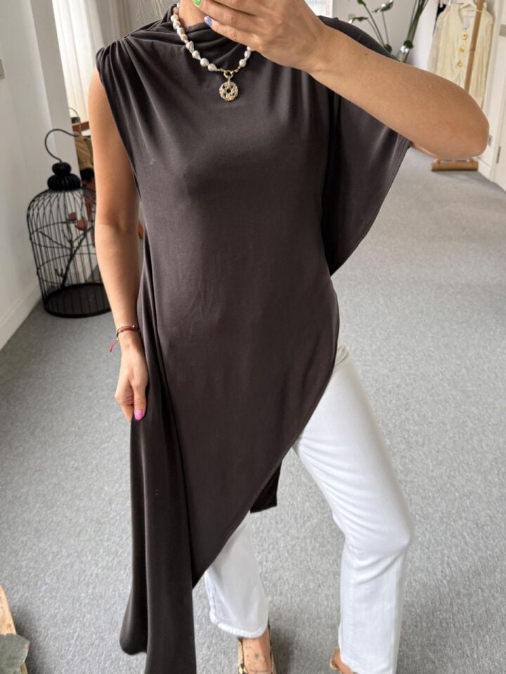 KAHVE MODAL TOP DETAYLI TUNİK BLUZ