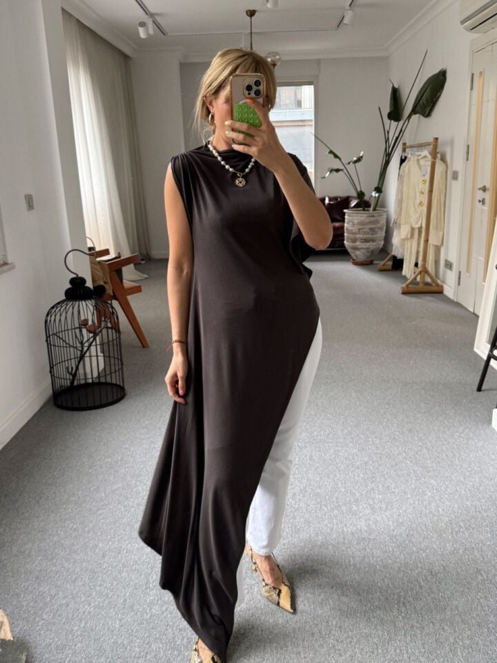 KAHVE MODAL TOP DETAYLI TUNİK BLUZ