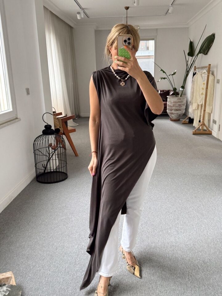 KAHVE MODAL TOP DETAYLI TUNİK BLUZ