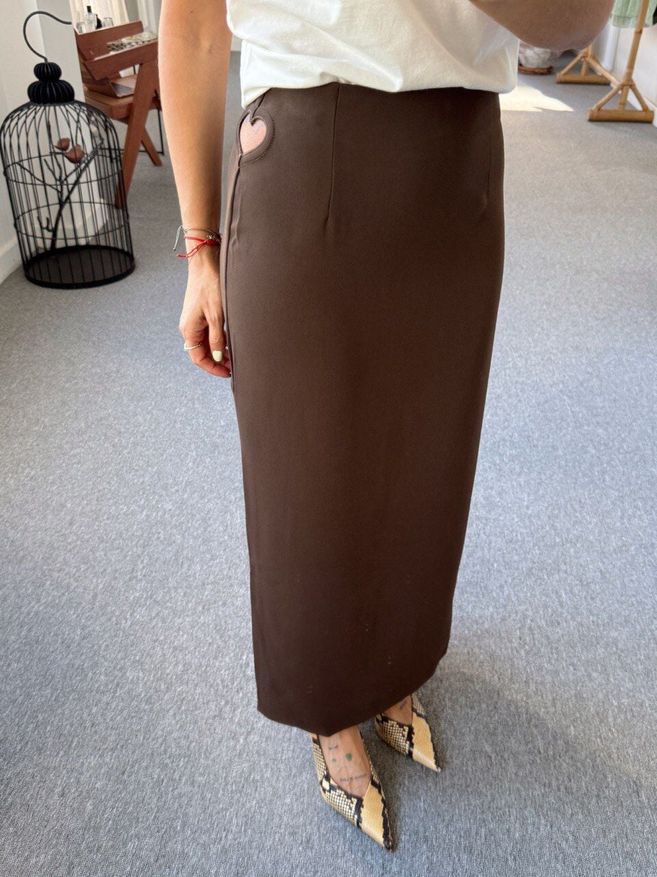 KAHVERENGİ KALP DEKOLTELİ KREP ETEK ♡