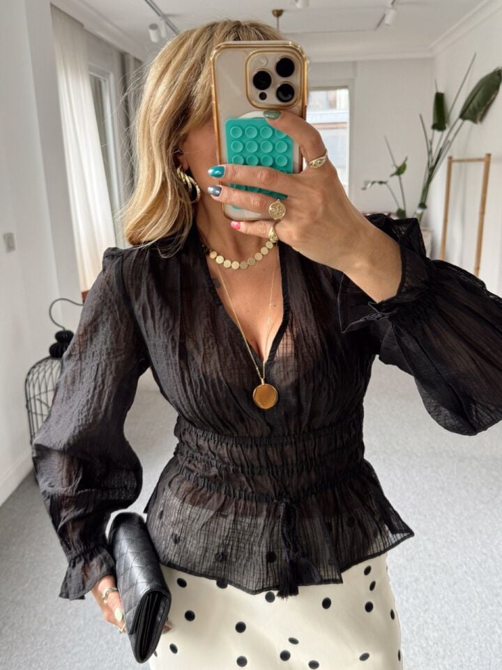 SİYAH TRANSPARAN BEL DETAY İTHAL BLUZ