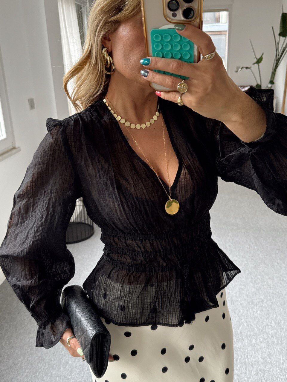 SİYAH TRANSPARAN BEL DETAY İTHAL BLUZ