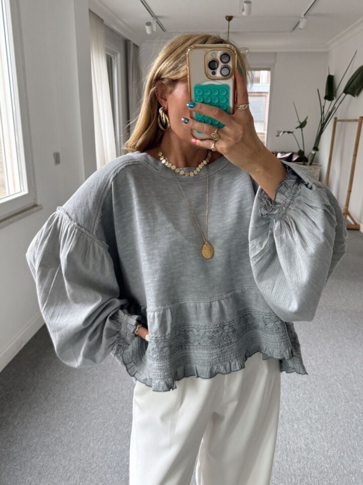 BUZ MAVİ PARÇA DETAY İTHAL SWEATSHIRT