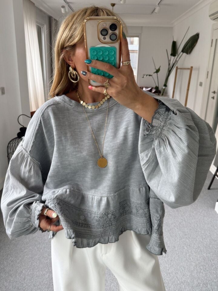 BUZ MAVİ PARÇA DETAY İTHAL SWEATSHIRT