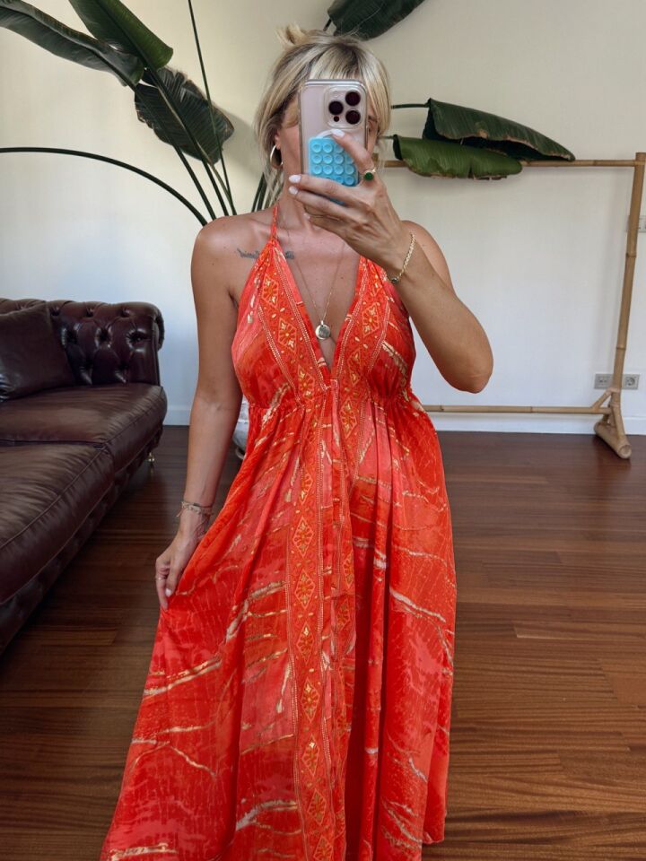 ORANJ SIRT DEKOLTELİ İPEK İTHAL ELBİSE