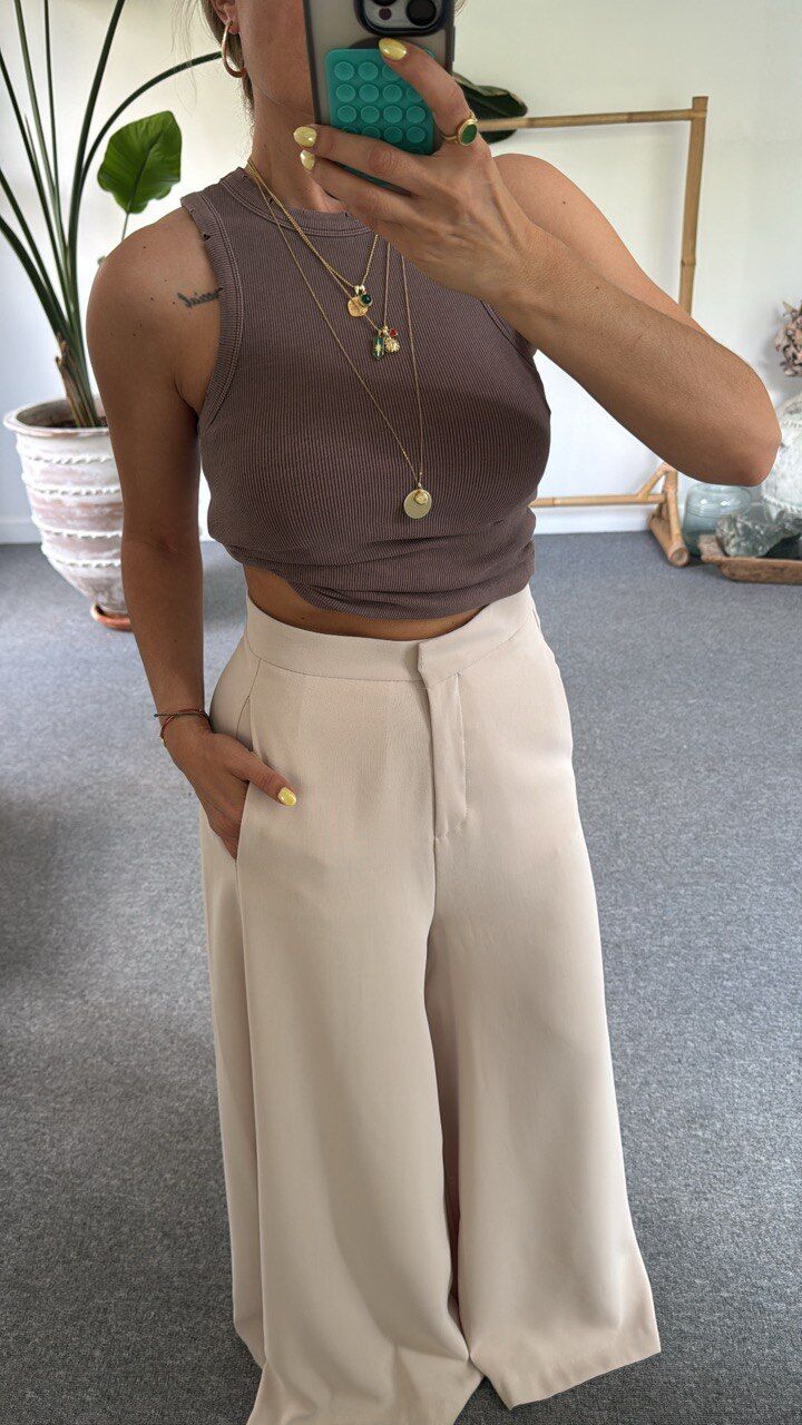 BEJ YANDAN CEP DETAYLI ETEK PANTOLON