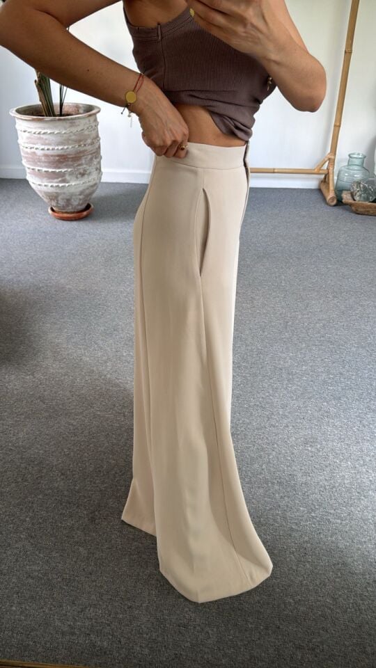 BEJ YANDAN CEP DETAYLI ETEK PANTOLON