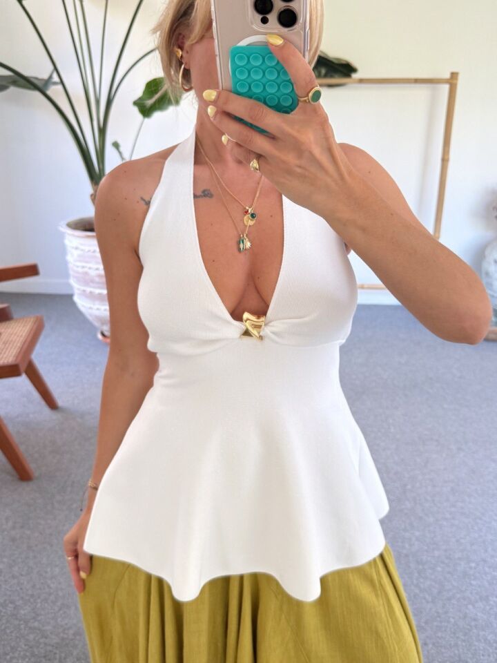 BEYAZ HALTER YAKA PEPLUM TRİKO