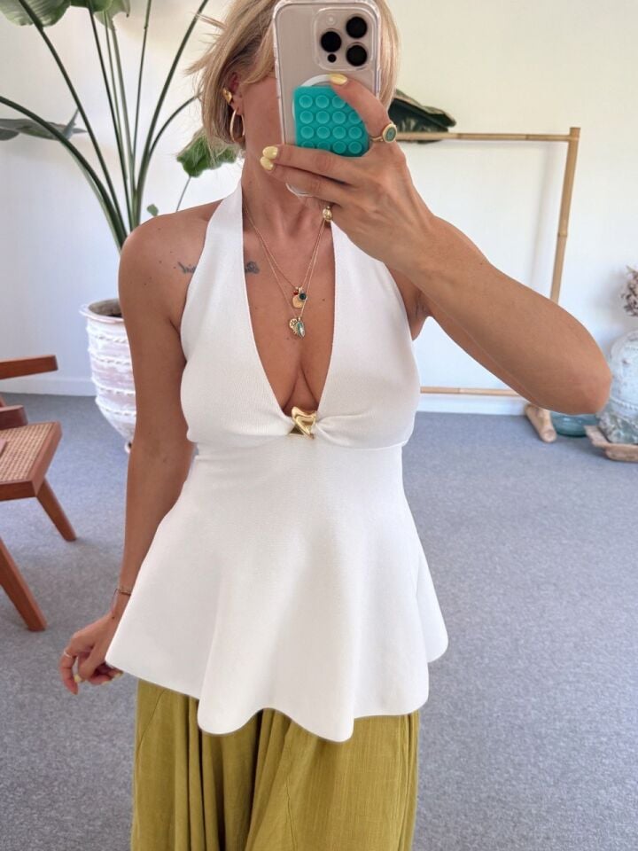 BEYAZ HALTER YAKA PEPLUM TRİKO