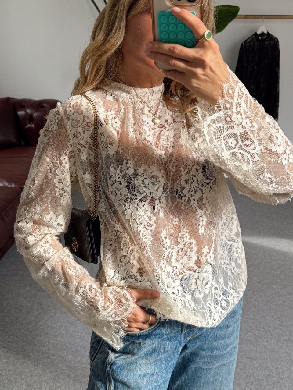 EKRU TRANSPARAN DANTEL BLUZ