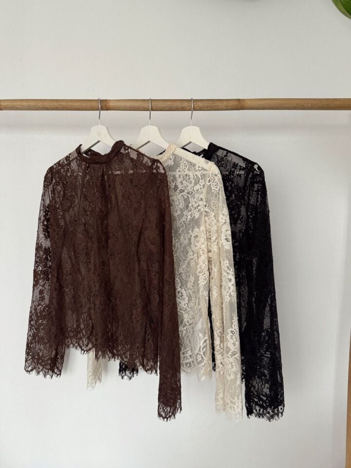 KAHVERENGİ TRANSPARAN DANTEL BLUZ