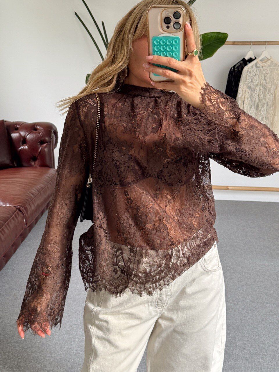 KAHVERENGİ TRANSPARAN DANTEL BLUZ