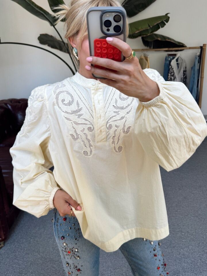 SARI POPLİN İŞLEMELİ İTHAL BLUZ