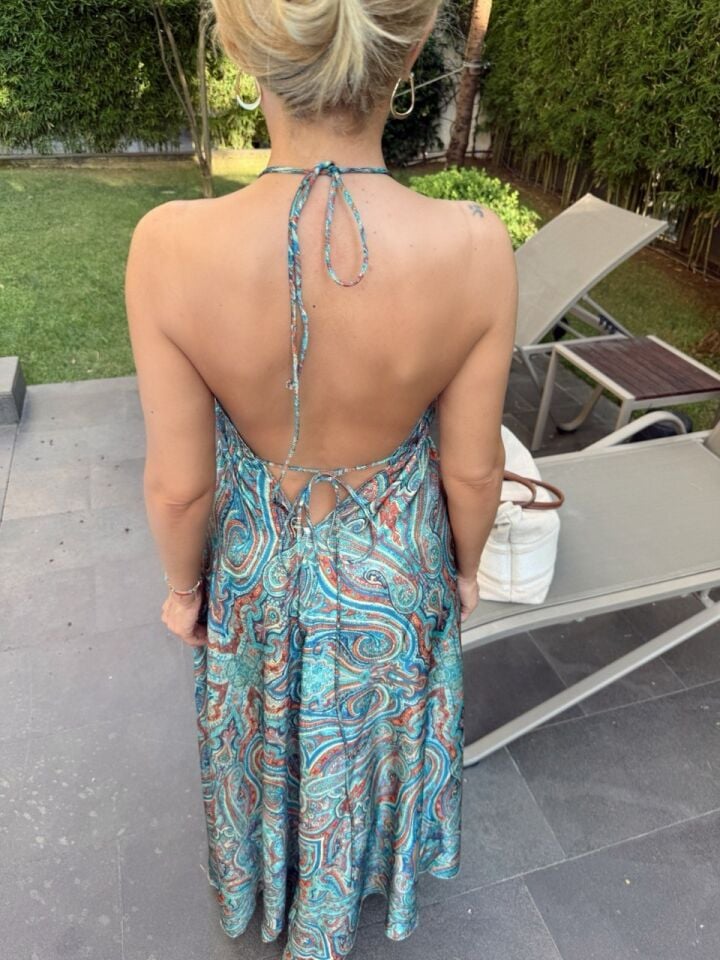 ŞAL DESENLİ  BOYUNDAN BAĞLAMALI MAXI ELBİSE