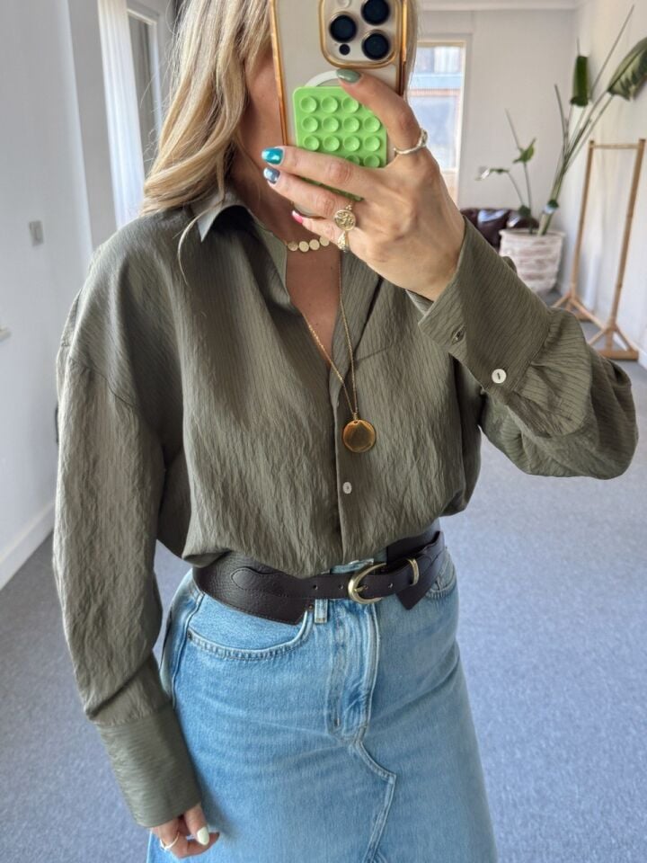 HAKİ ÇİZGİLİ VİSKON GÖMLEK