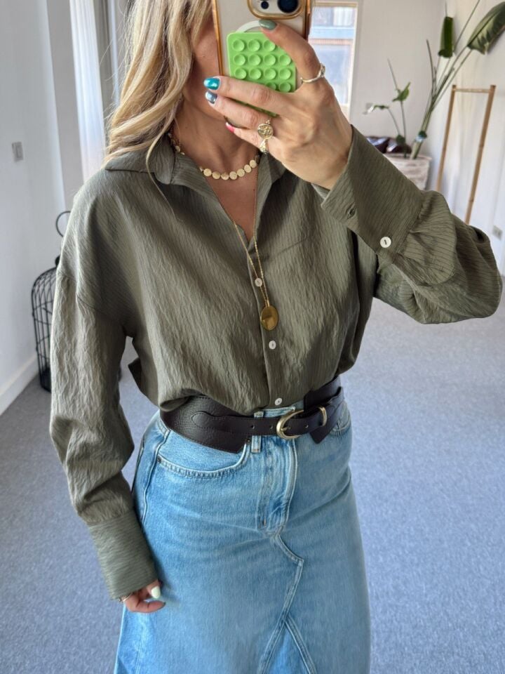 HAKİ ÇİZGİLİ VİSKON GÖMLEK