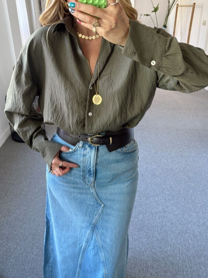 HAKİ ÇİZGİLİ VİSKON GÖMLEK