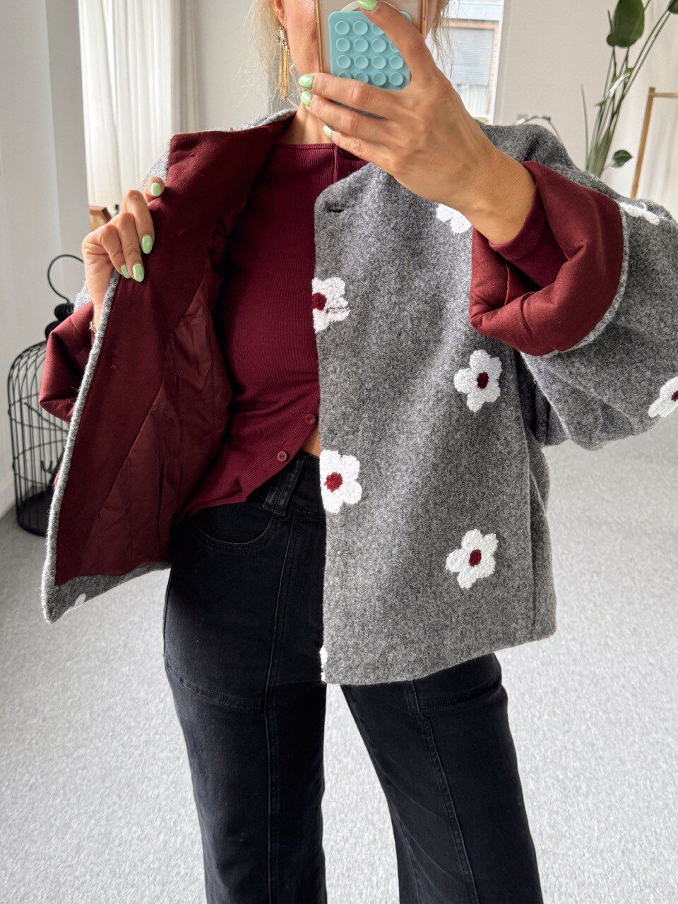 GRİ PAPATYA DESEN YÜN İTHAL CEKET