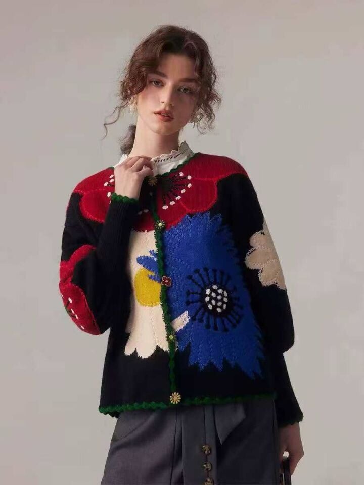 ÇİÇEK MOTİFLİ YÜN İTHAL CEKET HIRKA