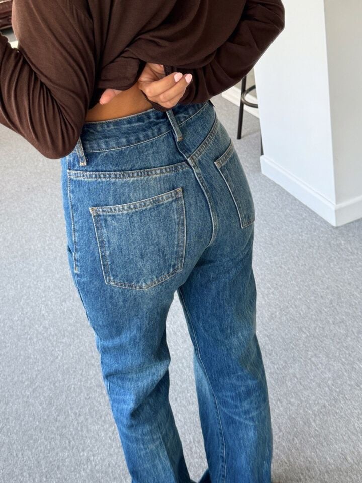 KOYU RENK YÜKSEK BEL FLARE JEAN