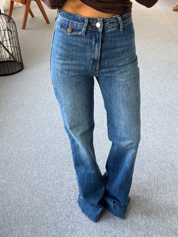 KOYU RENK YÜKSEK BEL FLARE JEAN