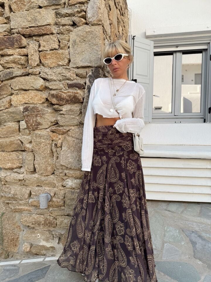 KAHVERENGİ ASTARLI BELİ LASTİKLİ MAXI ETEK