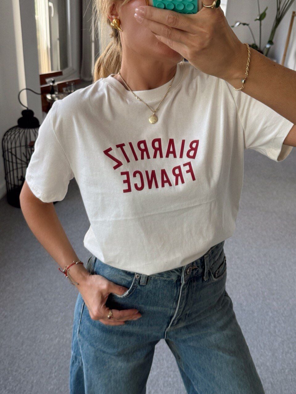 KREM BASKILI BASIC TSHIRT