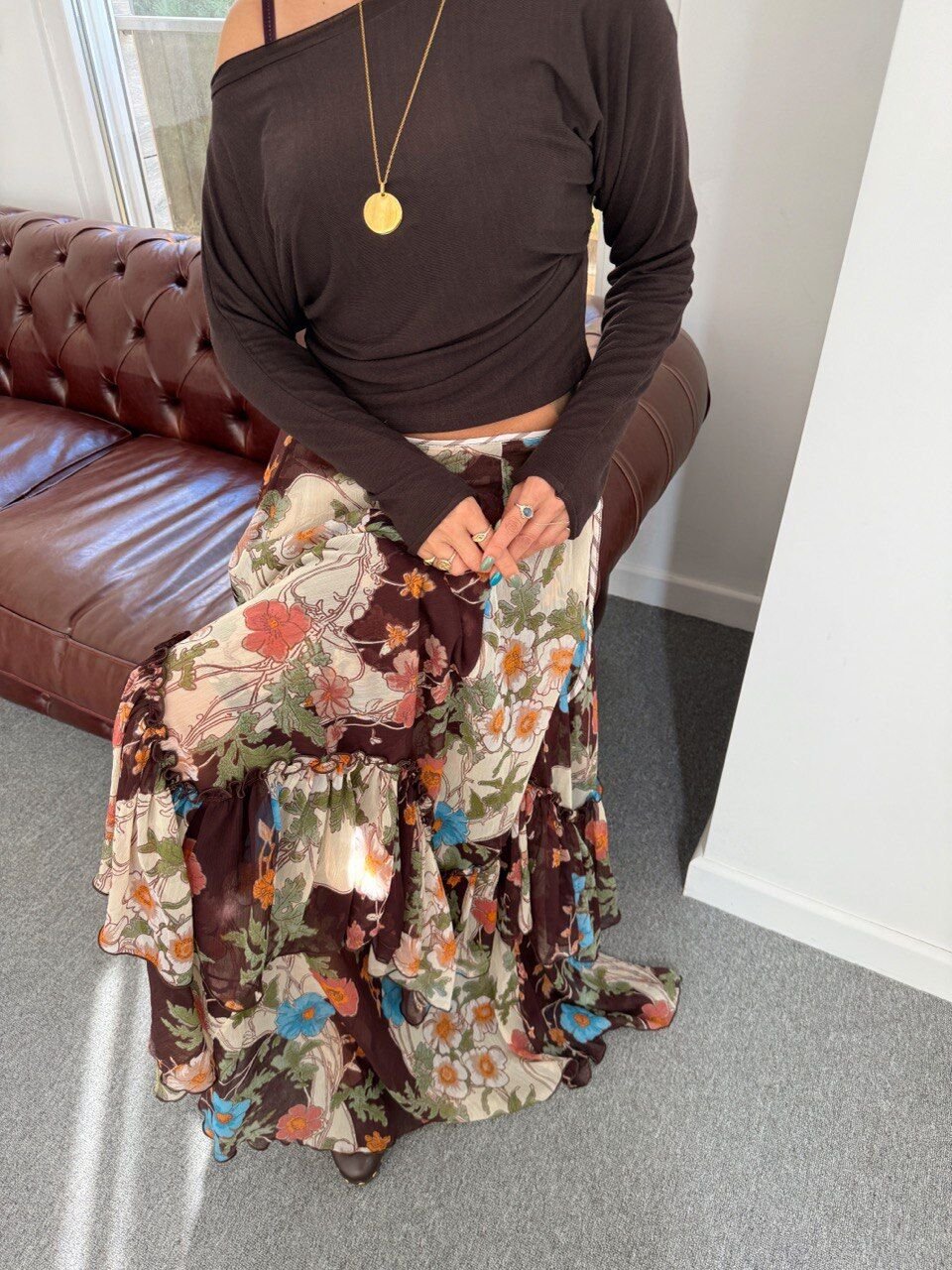 KAHVE ÇİÇEK DESEN MAXI ITHAL ETEK