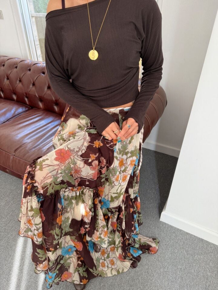 KAHVE ÇİÇEK DESEN MAXI ITHAL ETEK